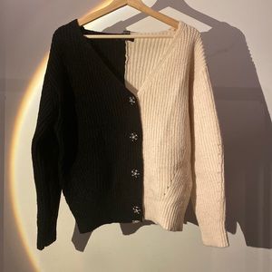black and cream split button up sweater